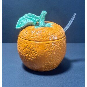 Ceramic Orange Lidded Sugar Marmalade Bowl And Clear Spoon Vintage 70s Japan